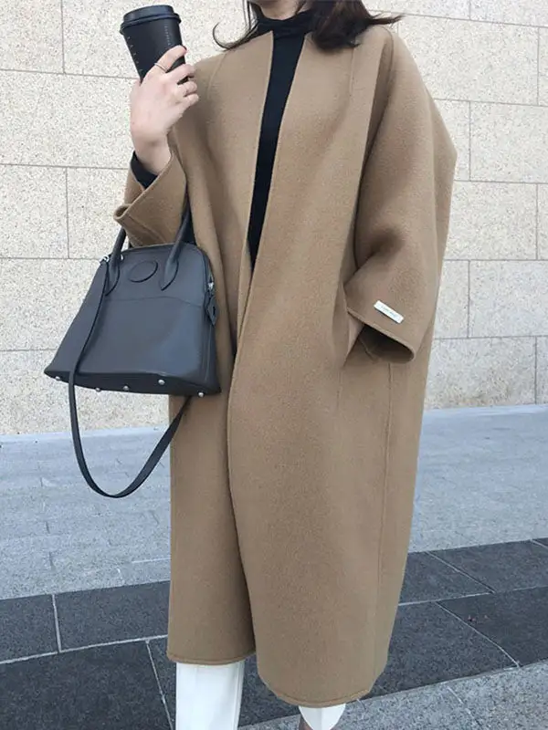 Long Sleeves Loose Solid Color Collarless Woolen Coat