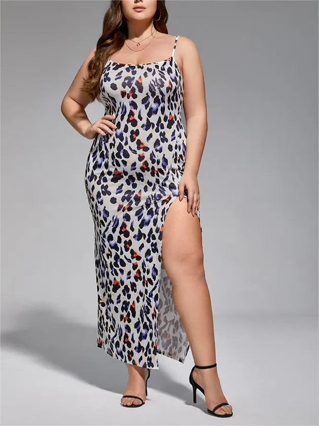 Plus Leopard Print Side Split Maxi Dress