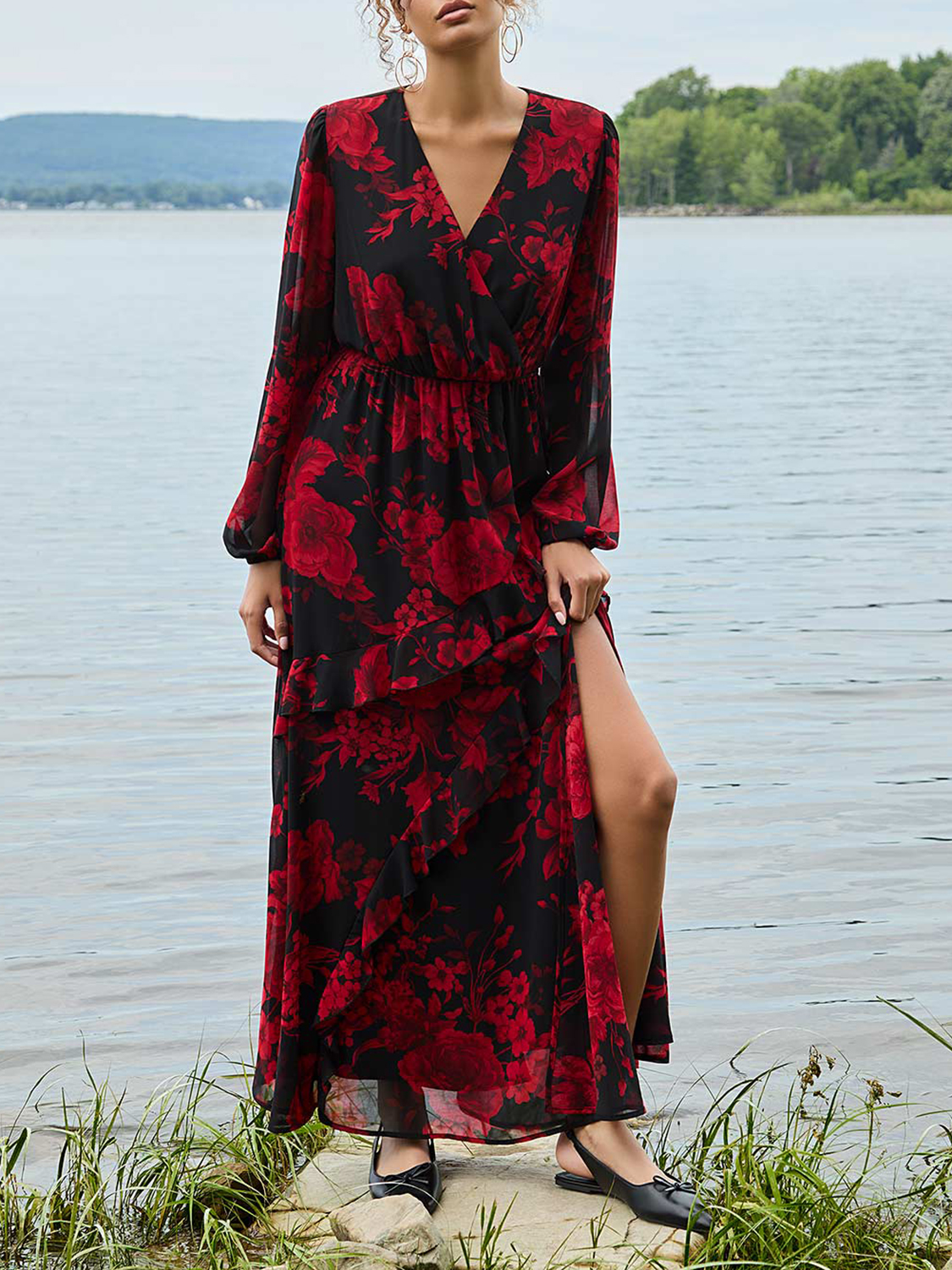 Chiffon Floral Print Ruffle Skirt Maxi Dress