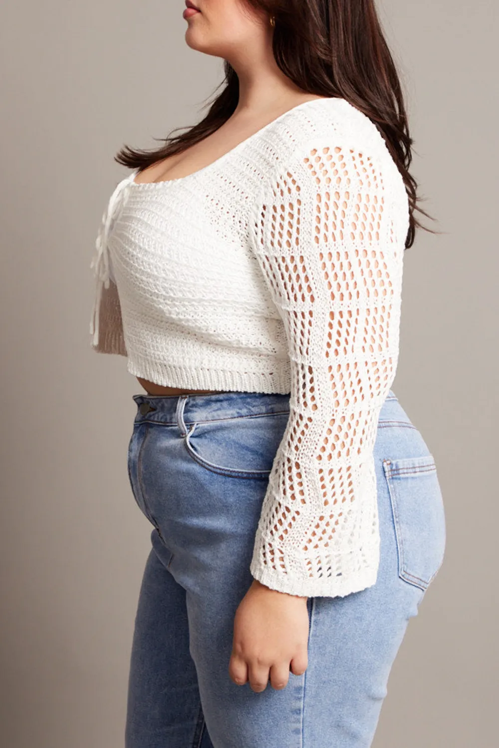 White Crochet Cardigan Long Sleeve Squared Neck