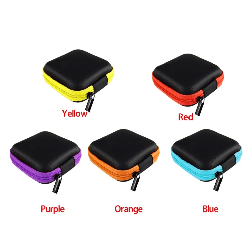 Square MINI Zipper Hard Headphone Case Portable Earbuds Pouch box PU Leather Earphone Storage Bag USB Cable Organizer