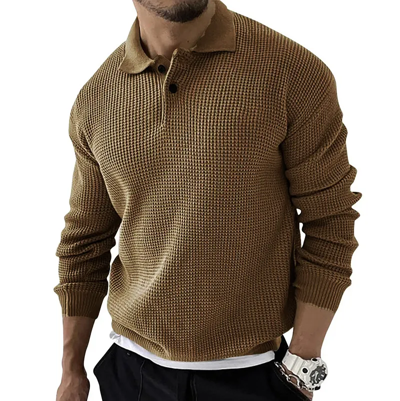 Men's Vintage Long Sleeve Pol Casual Quarter Button Up Lapel Collar Fall Winter O Sweater