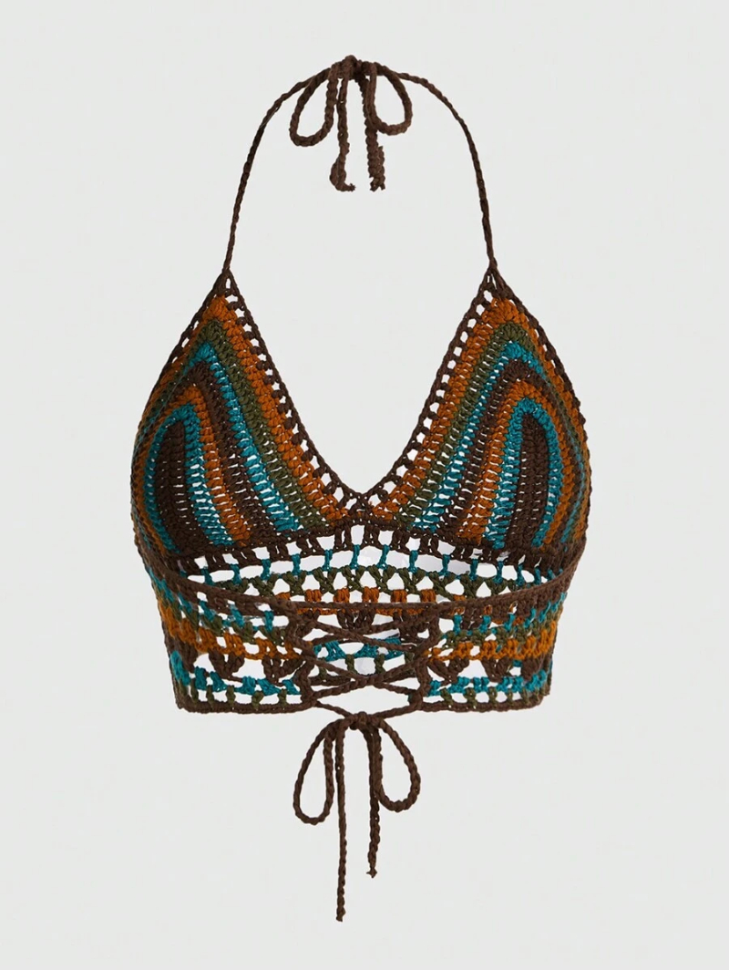 Hippie Summer Crochet Beach Holiday Summer Vacation Knit Halter Neck Top With Tie-Back Design