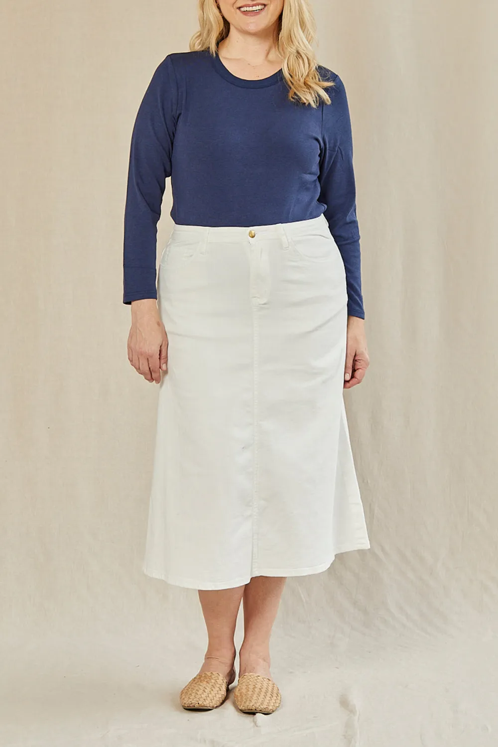 Adrift Denim A-Line Skirt in White