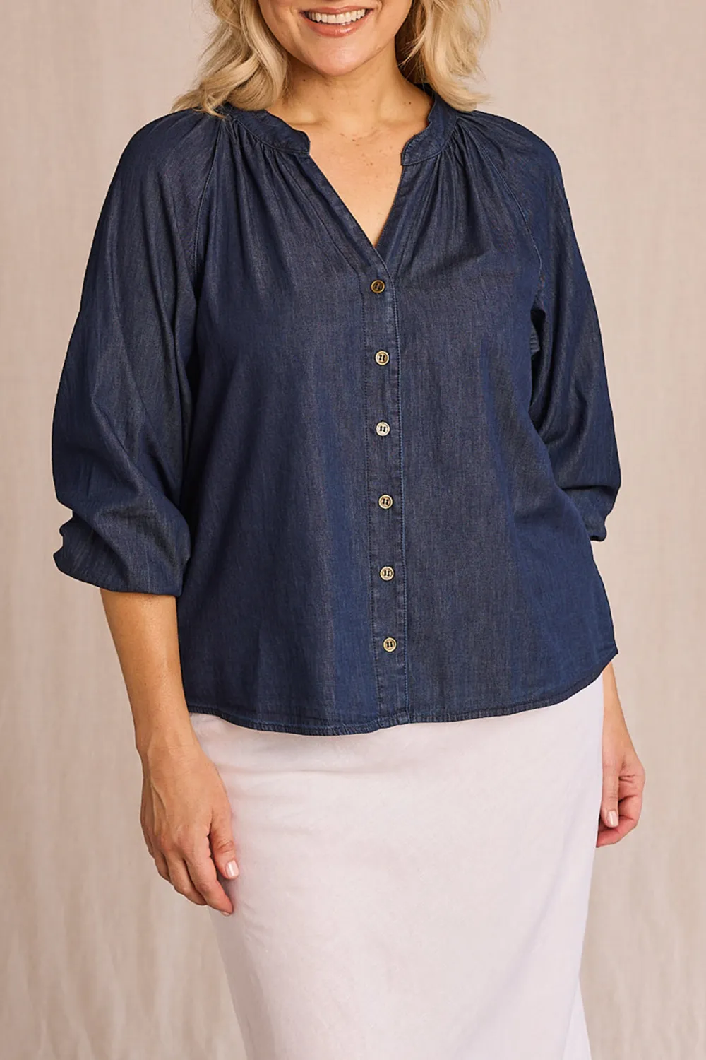 Kitty Chambray Top In Dark Wash