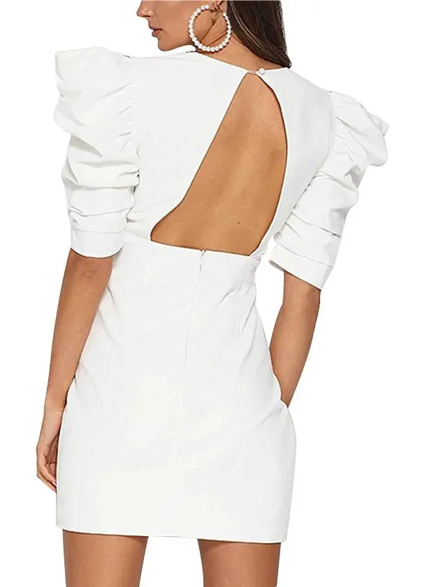 Pure White Deep V Waist Elegant Dress