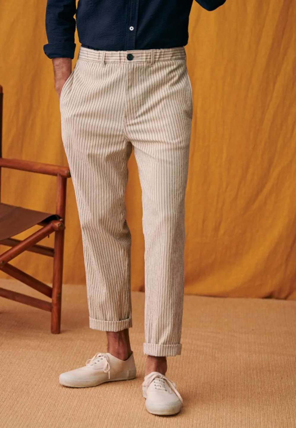 Shane Trousers-Seersucker Beige Green Stripes