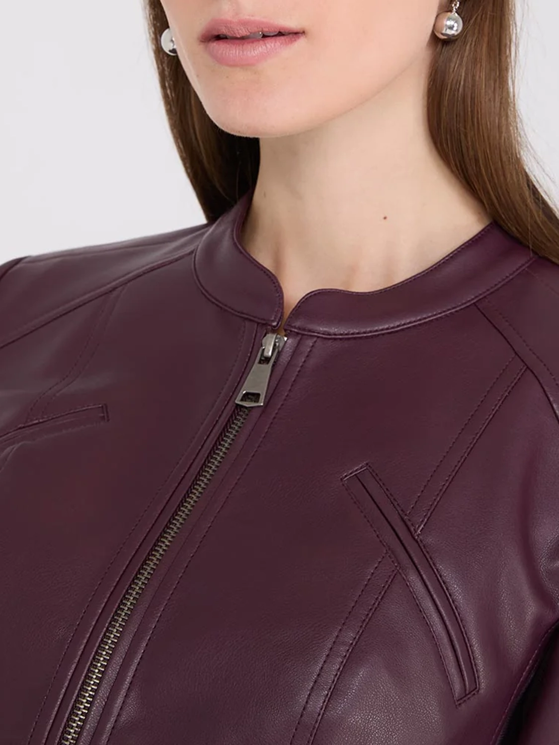 Collarless Faux Leather Jacket