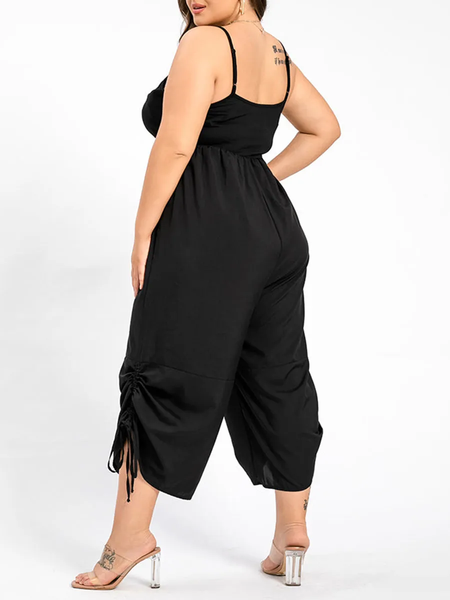 Plus Black Ruched Drawstring Hem Cami Jumpsuit