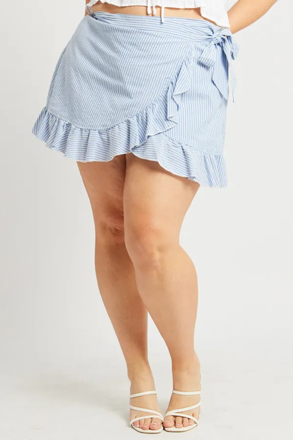 Blue Stripe Wrap Frill Miniskirt