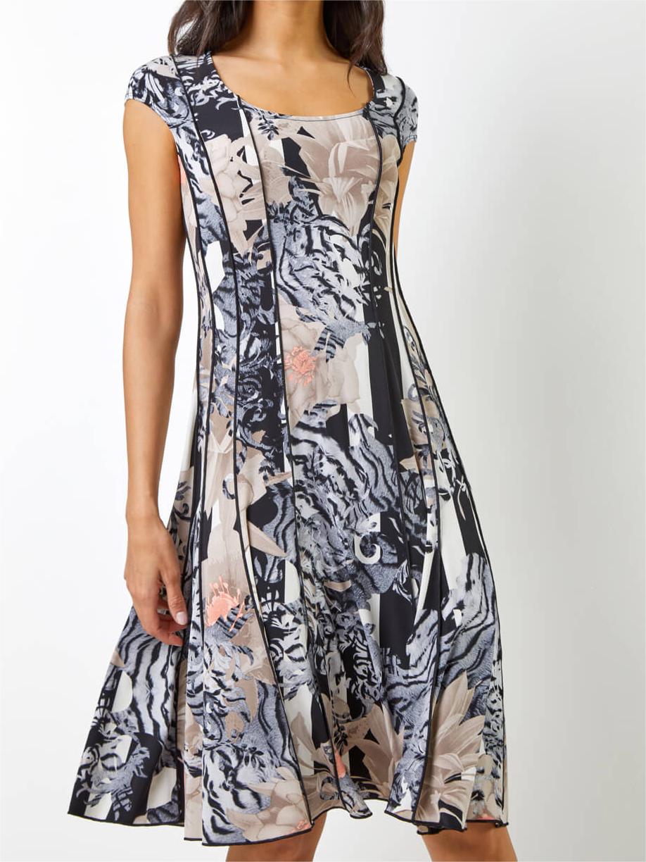 Black Abstract Floral Print Panel Dress