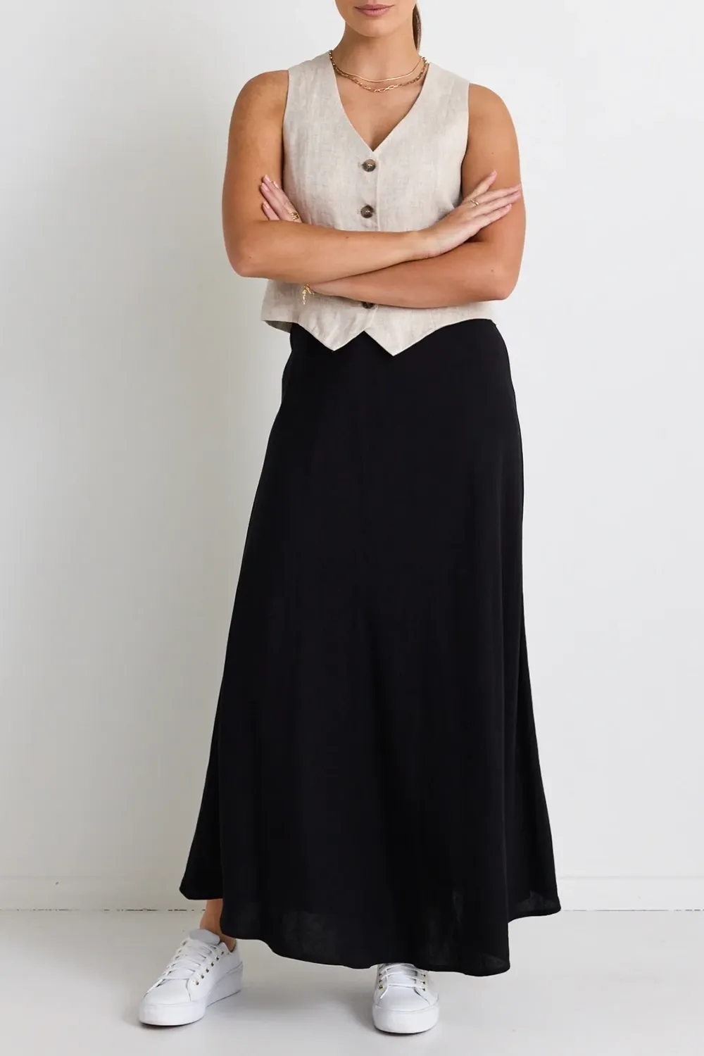 Lagos Black Linen Floaty Bias Cut Maxi Skirt