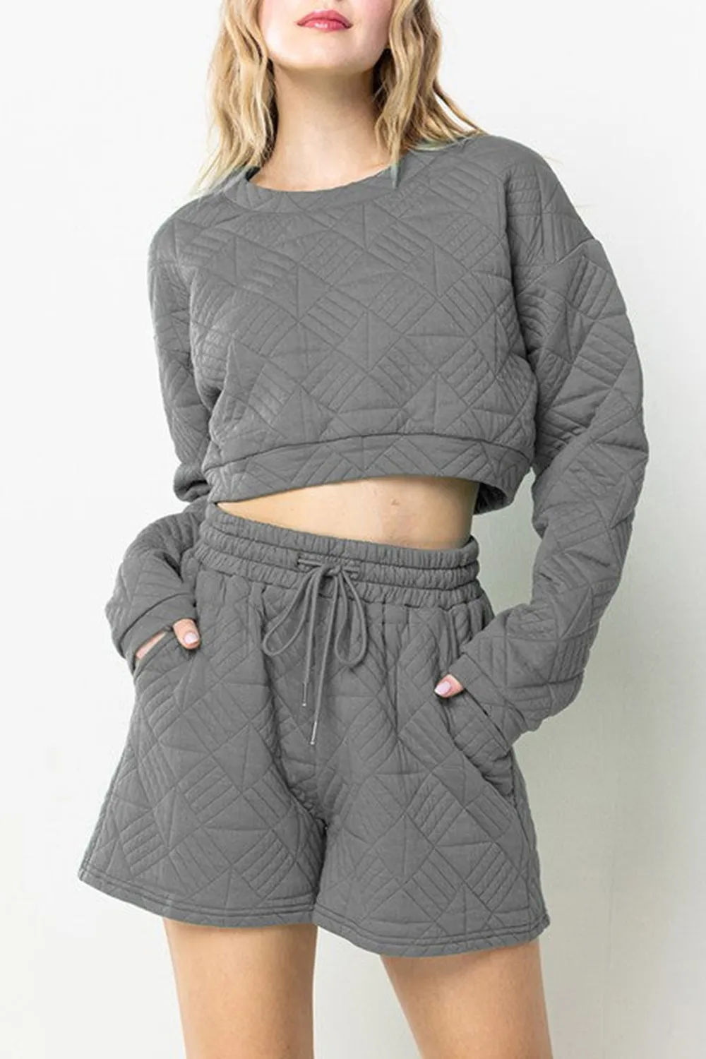 GREY QUILTED CROP TOP AND SHORTS SETS