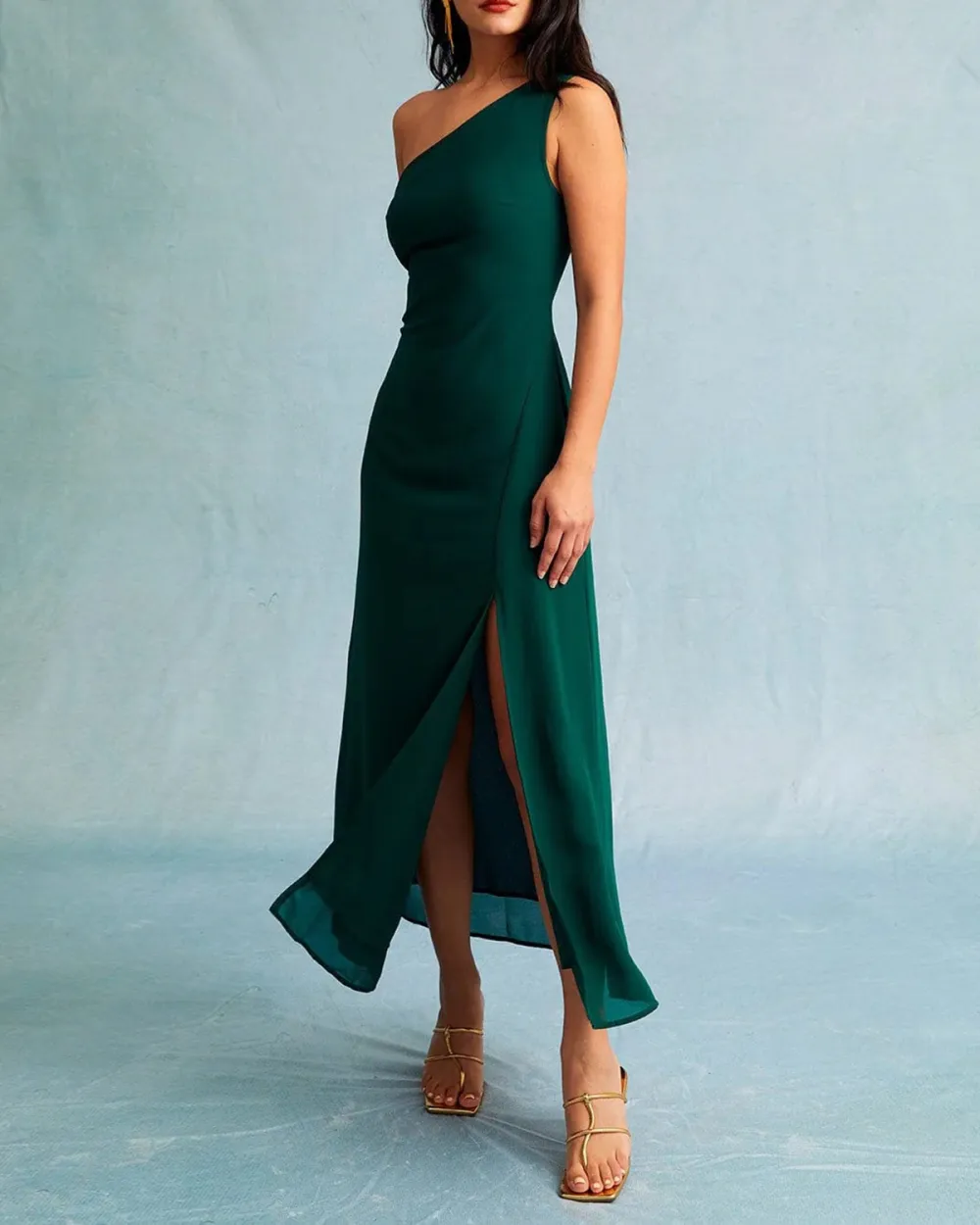 Dark green slanted neckline dress