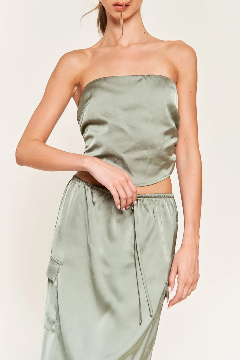 SAGE GREEN SATIN BANDEAU CROP