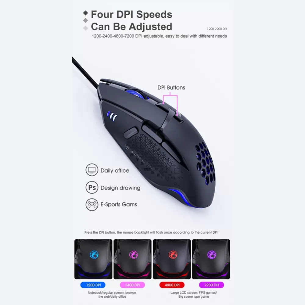 Ergonomic 7200dpi programmable professional game mouse, USB 4-color breathing lamp,suitable for laptop and desktop computer