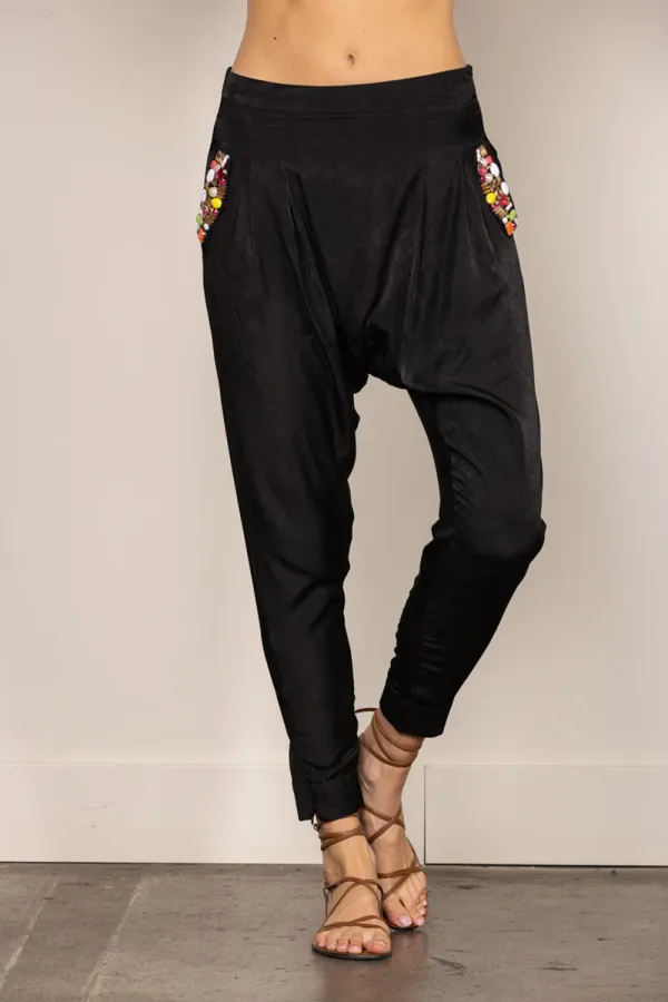 BLACK HAREM BEADS DETAILED PANTS