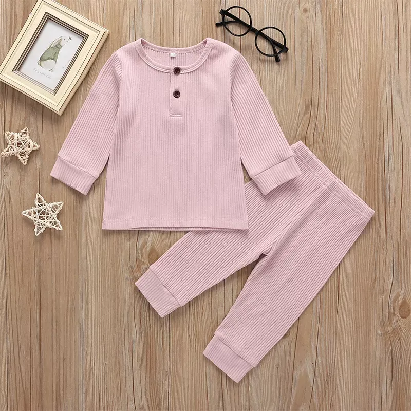 Solid Color Ribbed Kids Pajamas Sets Fashion Children Unisex Clothes Cotton Long Sleeve Pajamas+Pants Spring Autumn Baby Clothing