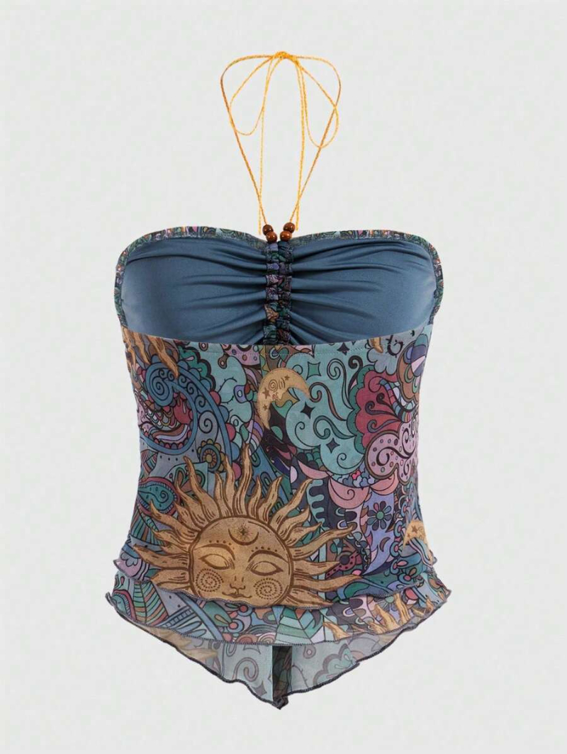 Hippie Women'S Sunflower Print Ruched Halter Top