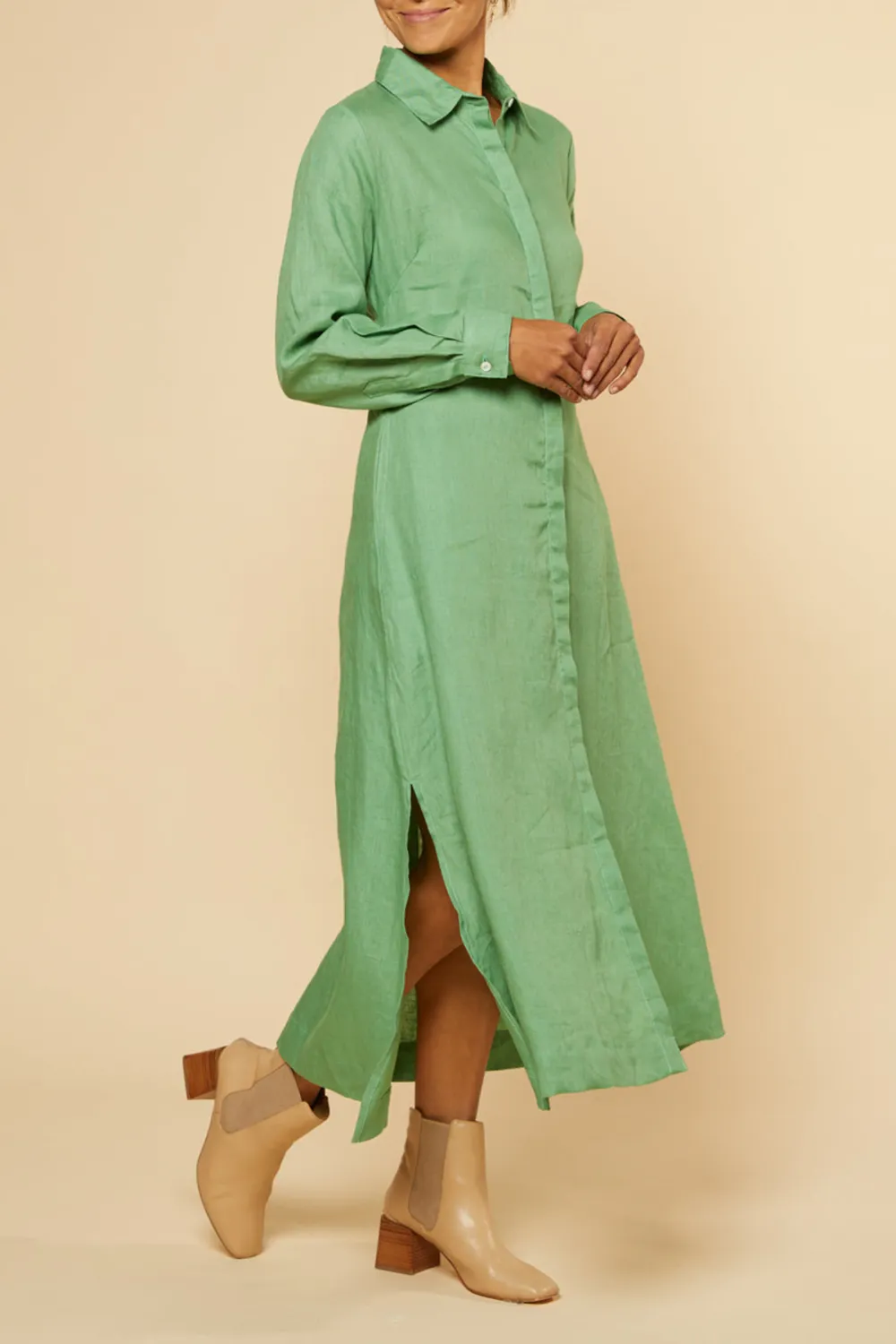 Gracie Long Sleeve Linen Dress in Jadesheen