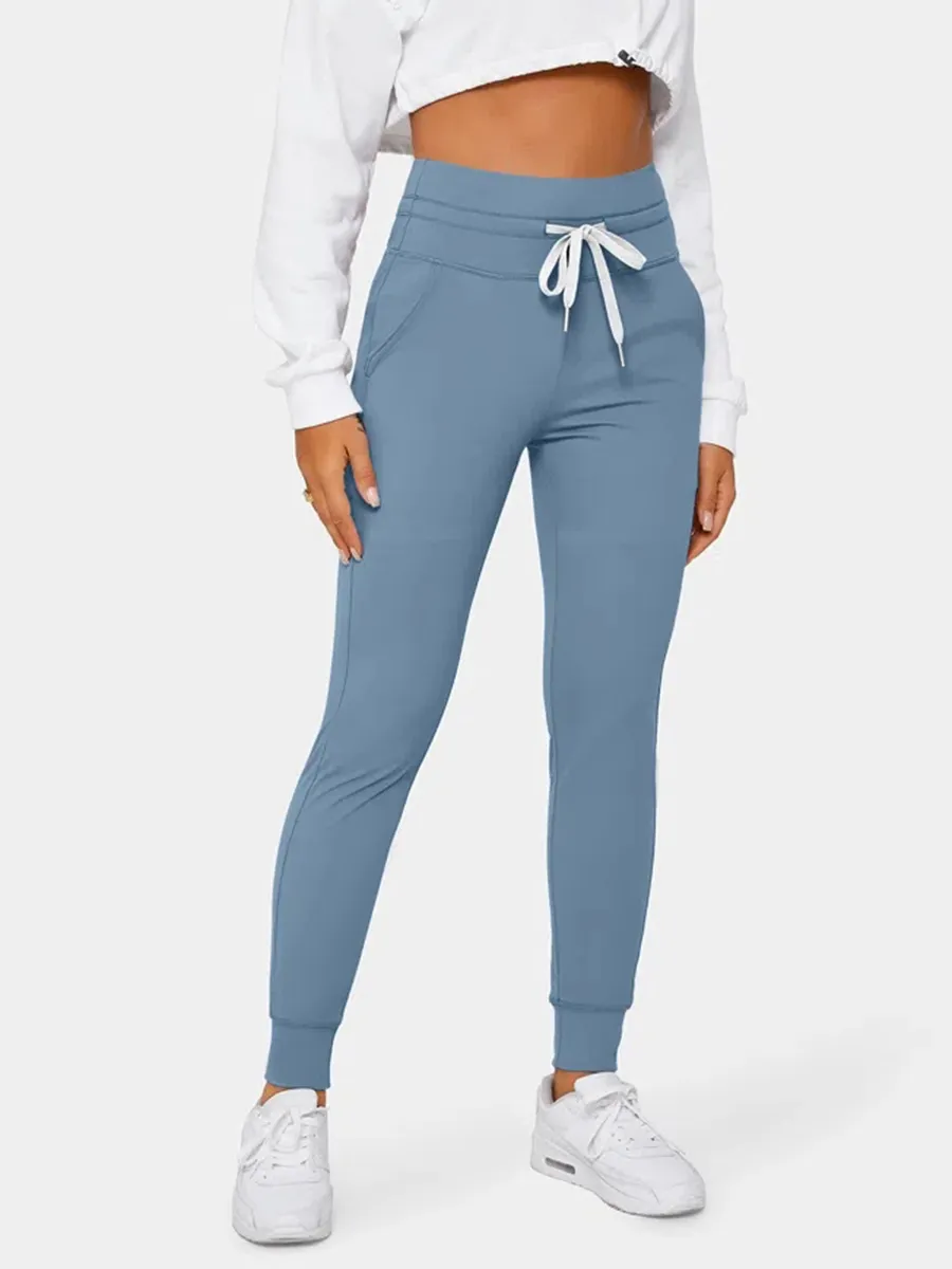 Softlyzero Airy High Waisted Drawstring Side Pocket Plain Full Length Joggers