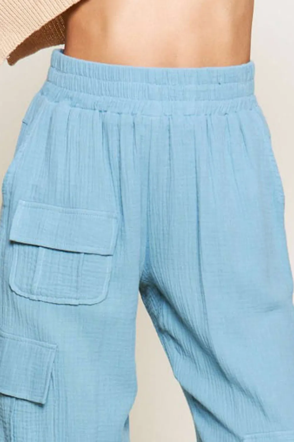 DUSTY BLUE LINEN WIDE LEG CARGO PANTS