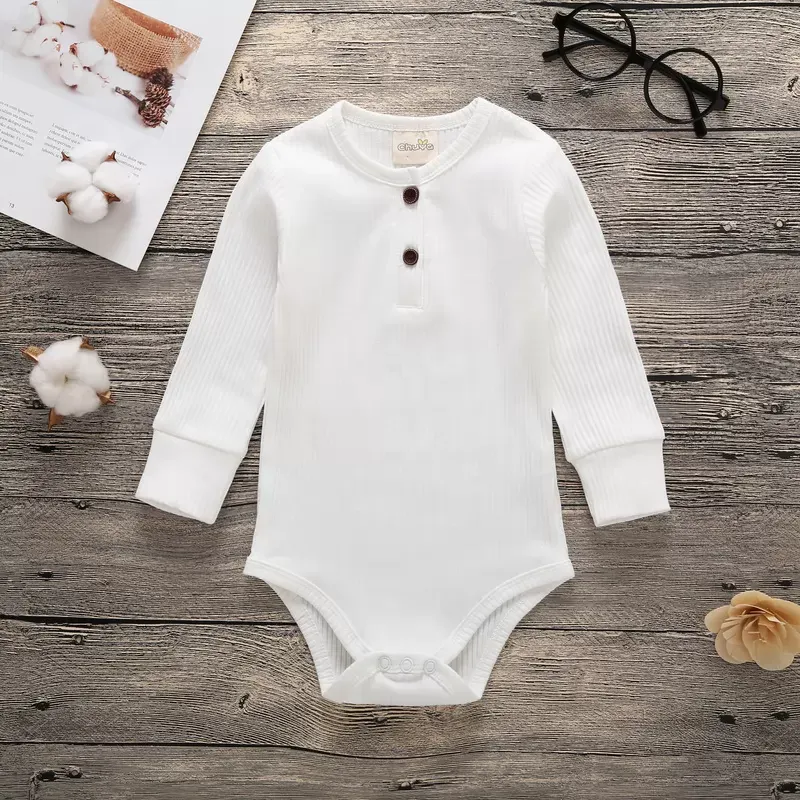 Newborn Baby Girl Boy Bodysuit Solid Color Crew Neck Jumpsuit Baby Girls Knit Cotton Long Sleeve Bodysuits Outfit Clothes 0-24M