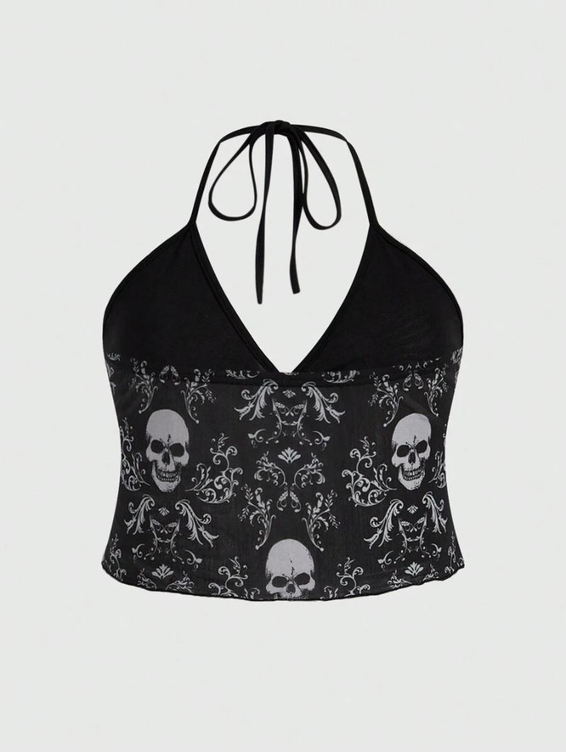 Grunge Punk Summer Gothic Skull & Ivy Mesh Printed Plus Size Camisole And Top