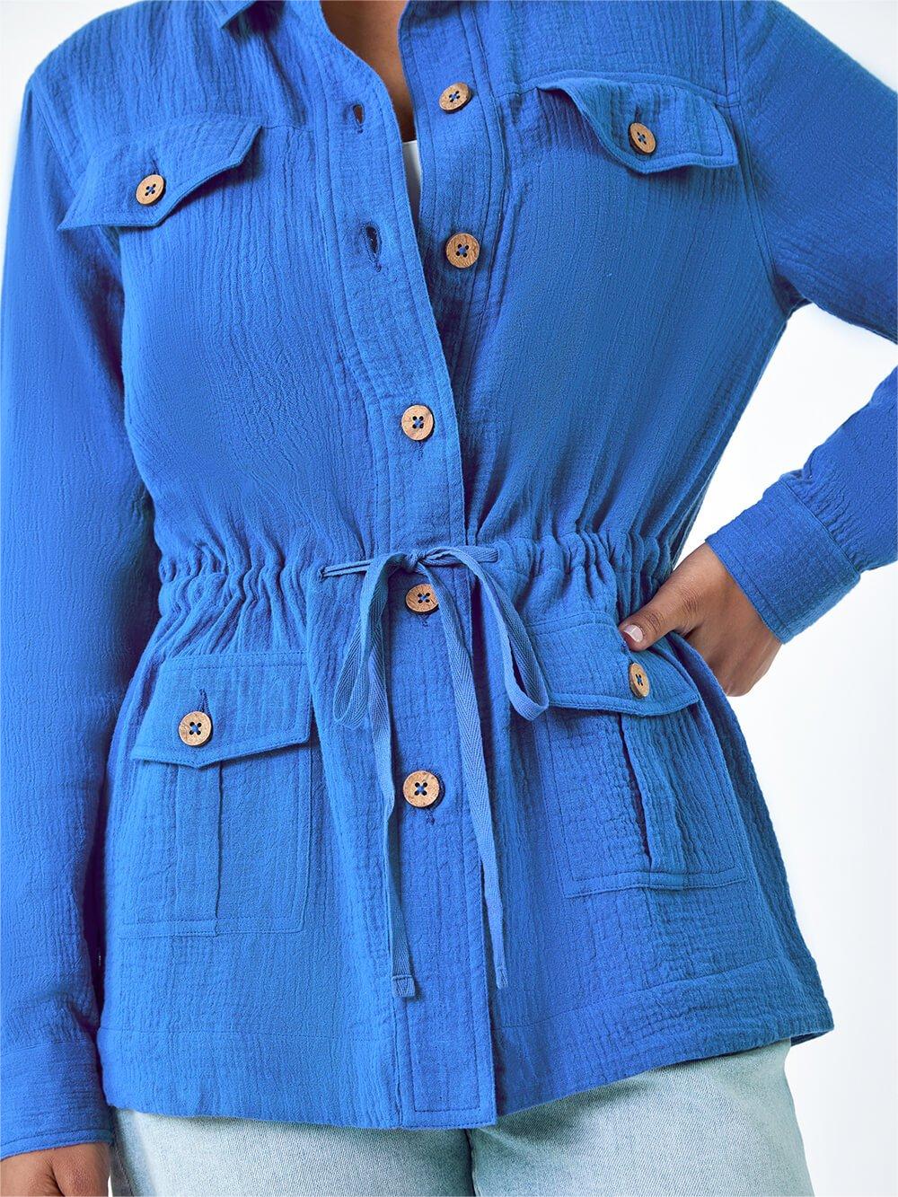 Blue Textured Tie Waist Shirt Jacket