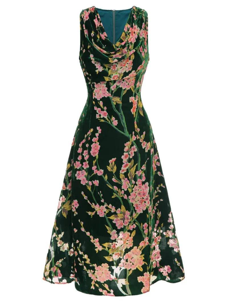 GREEN 1930S FLORAL VELVET SLEEVELESS DRESS