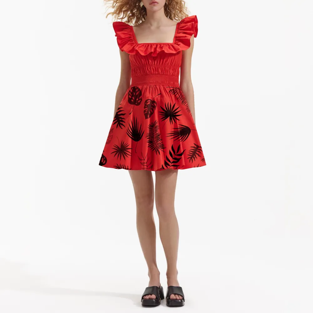 Red Cotton Ruffle Mini Dress