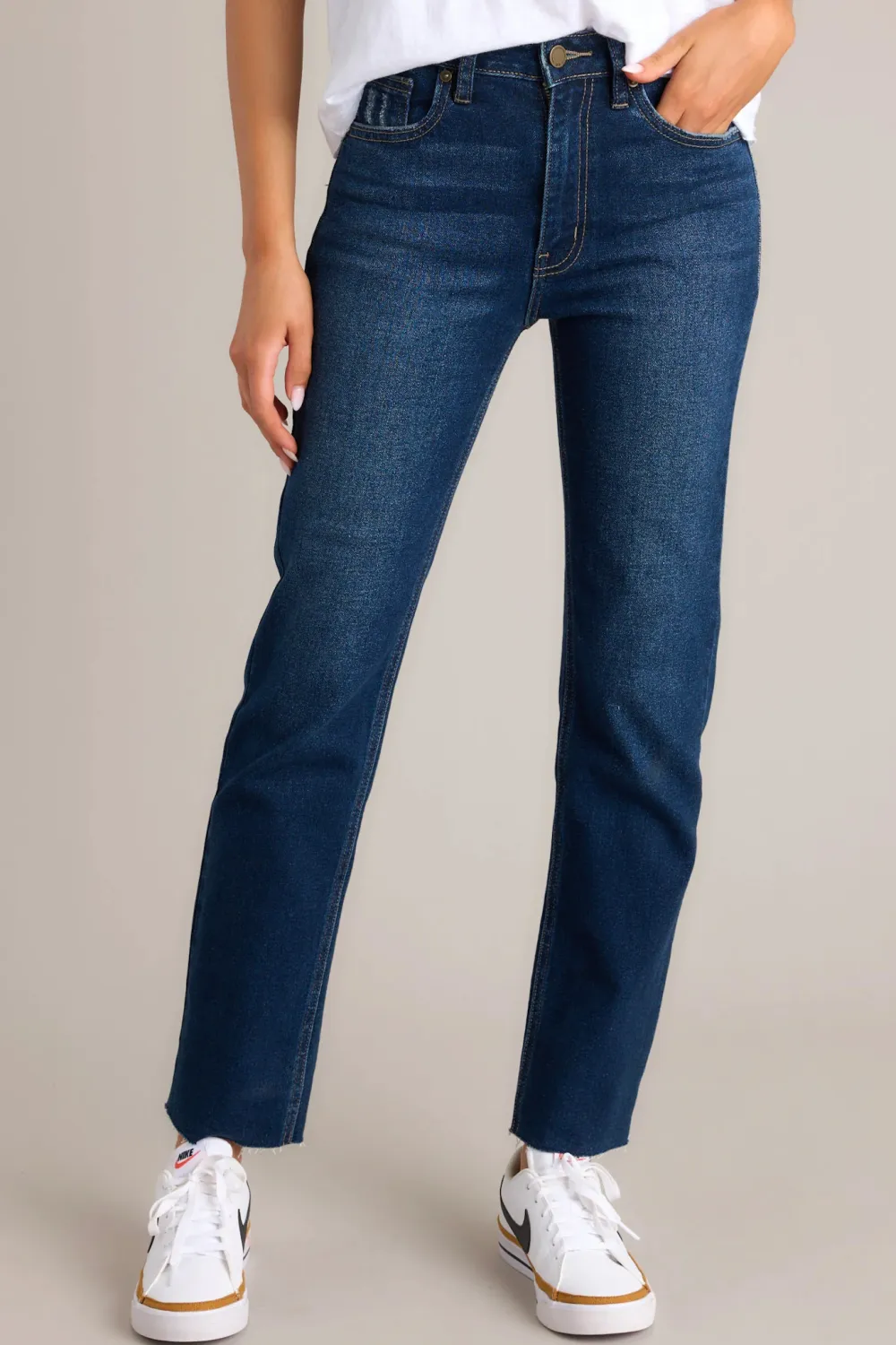 HIGH STANDARDS DARK WASH CROPPED STRAIGHT LEG JEANS