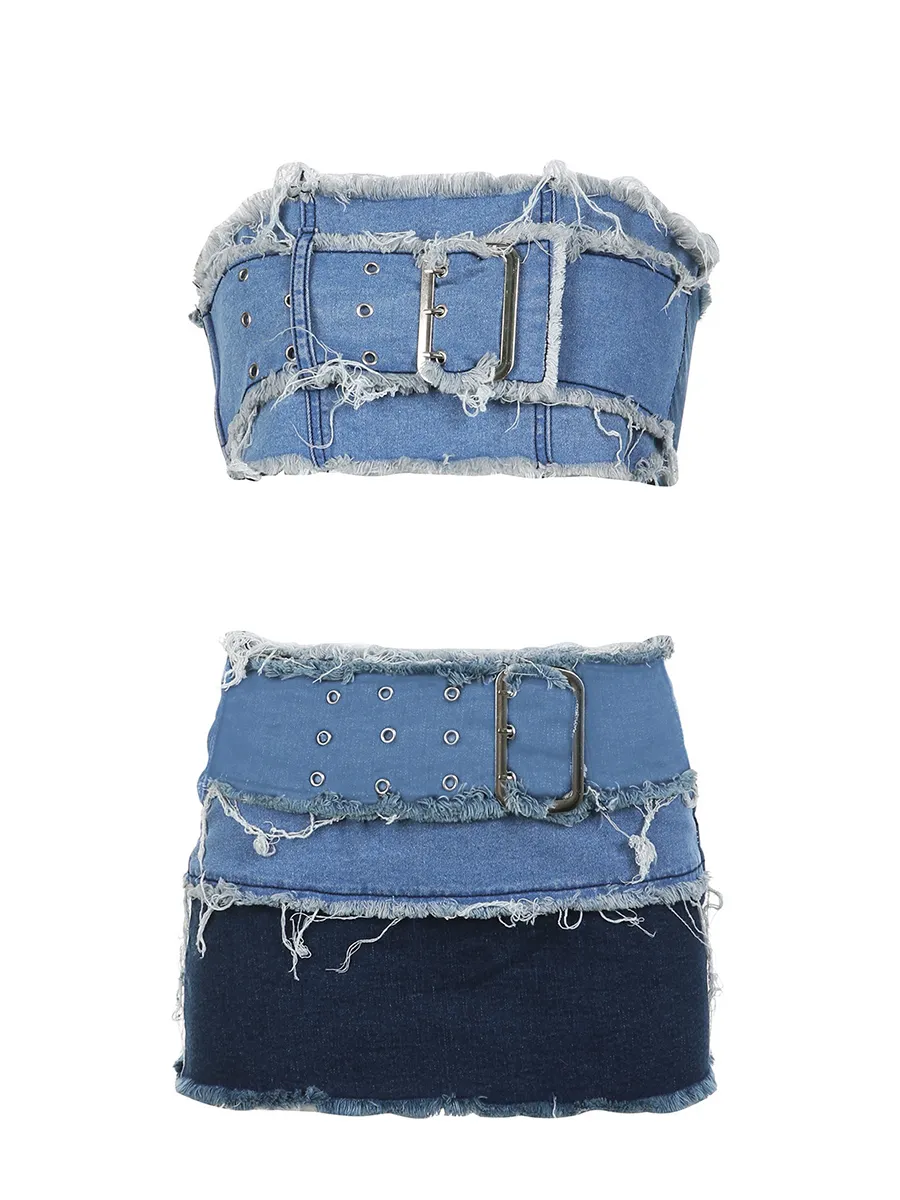 Denim Distressed Crop Skirt Two-piece Set