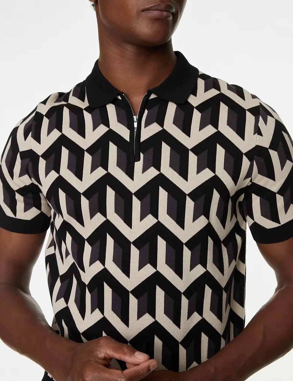 Cotton Rich Geometric Knitted Polo Shirt