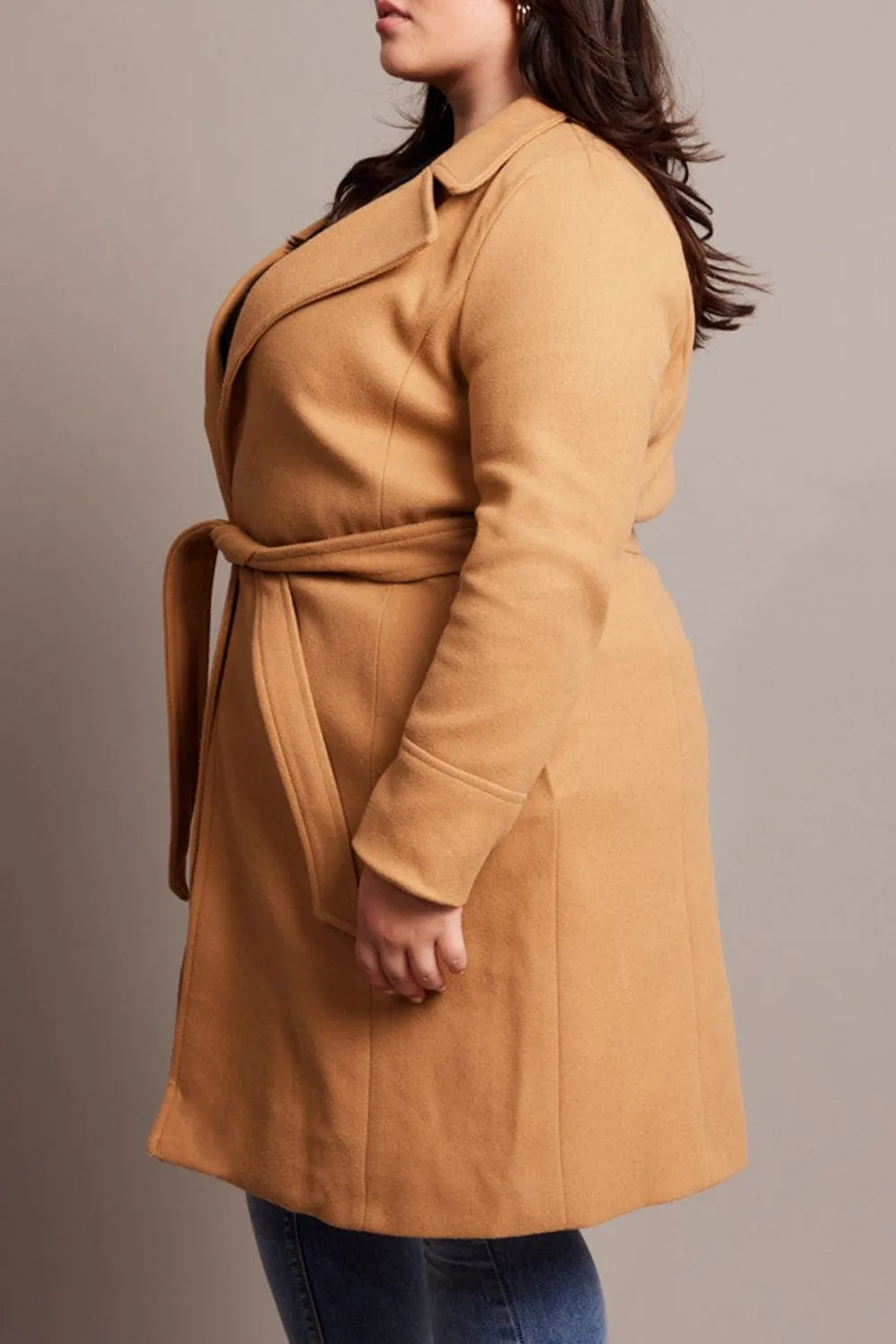 Beige Long Belted Wrap Coat