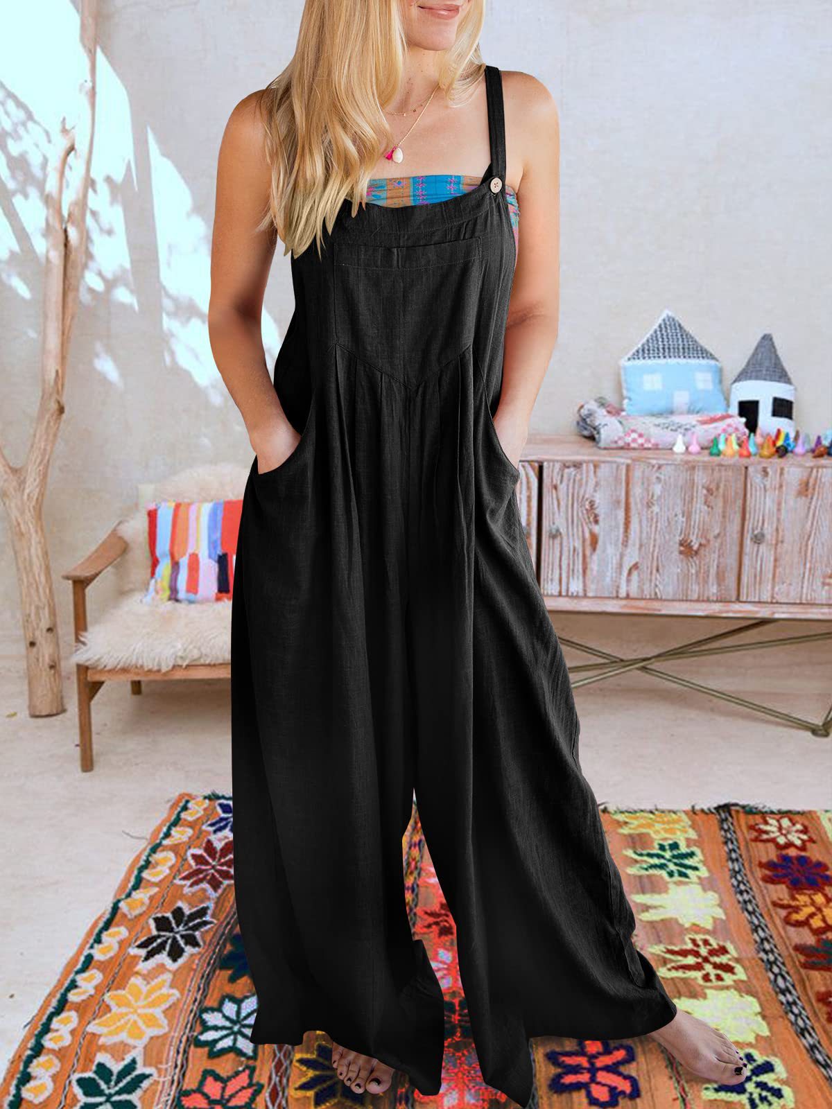 Solid Color Loose Casual Cotton And Linen Suspender Jumpsuit