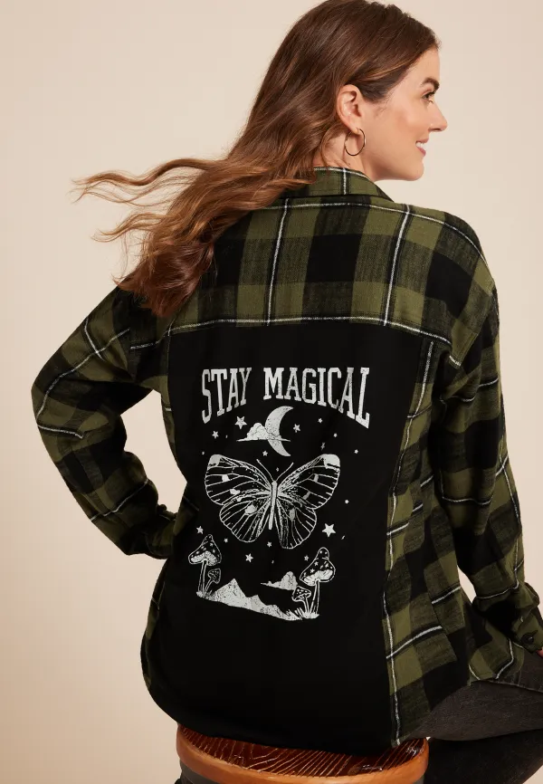 Plaid Stay Magical Graphic Back Oversized Button Down Shirt