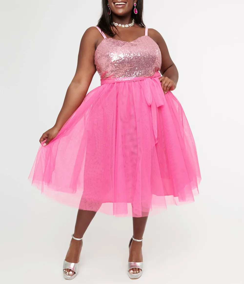 Barbie X Unique Vintage Plus Size 1980s Pink Sequin Day To Night Swing Dress