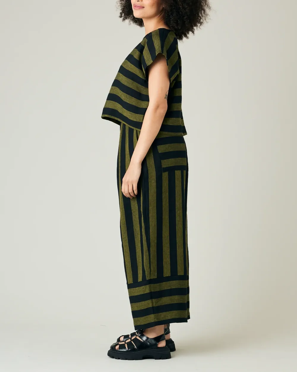 BOBBI BLACK & OLIVE STRIPE LINEN TROUSERS