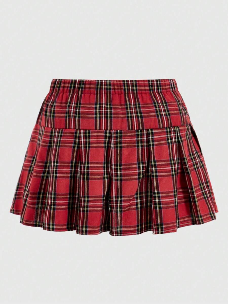 Grunge Punk Plus Size Plaid Pattern Chain Detail Pleated Skirt