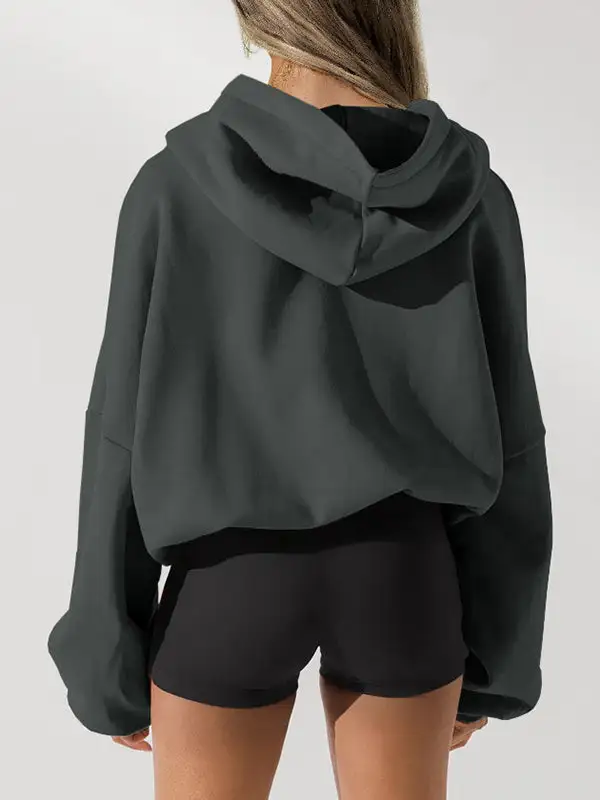 Hooded Long Sleeves Drawstring Pockets Solid Color Zipper Jackets Outerwear