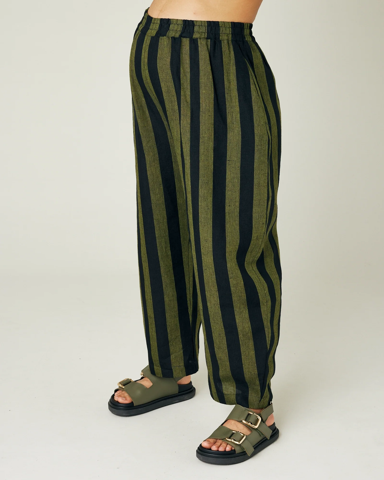 OLIVE AND BLACK STRIPE LINEN TROUSERS