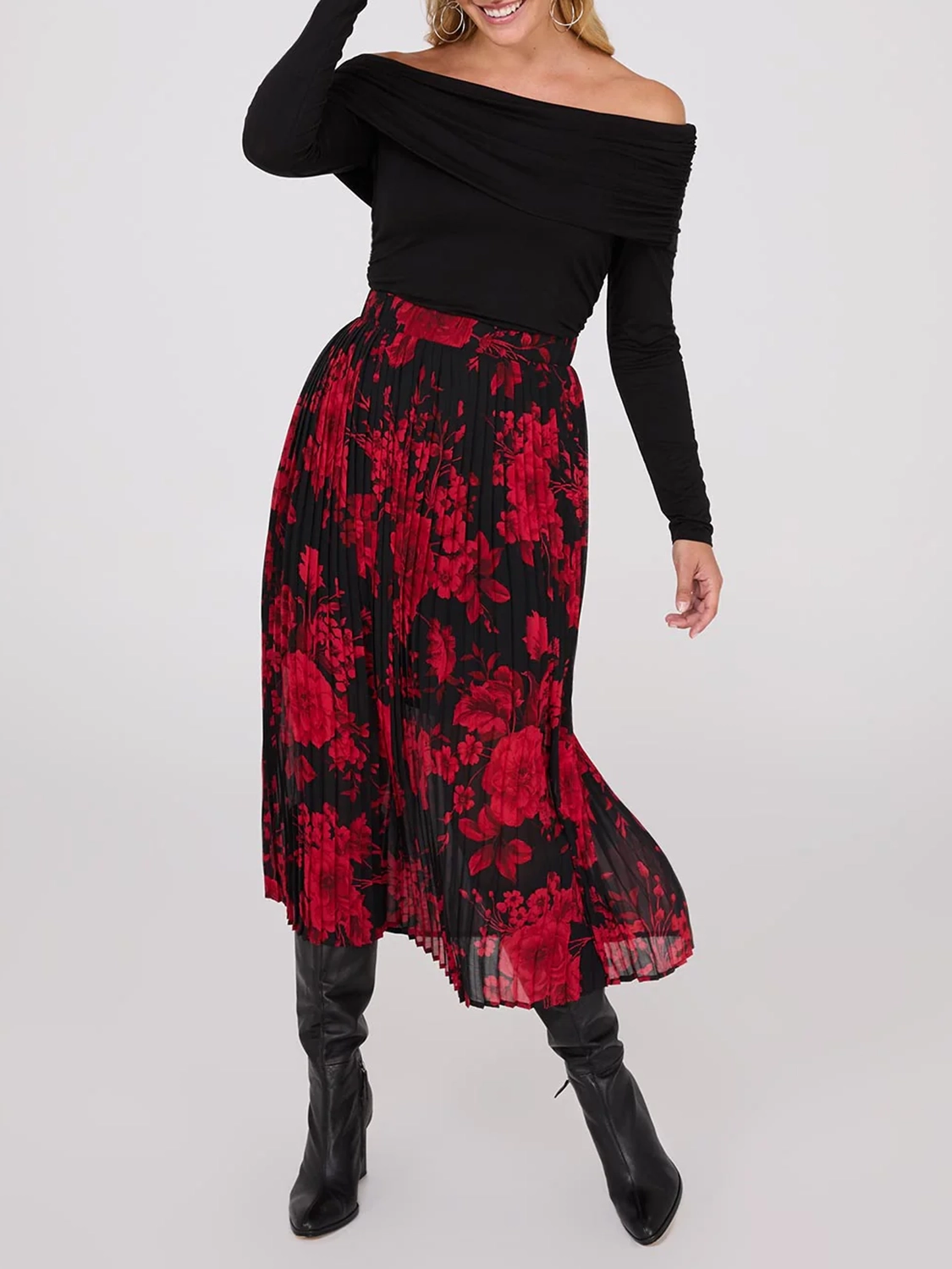 Printed Pleated Chiffon Midi Skirt