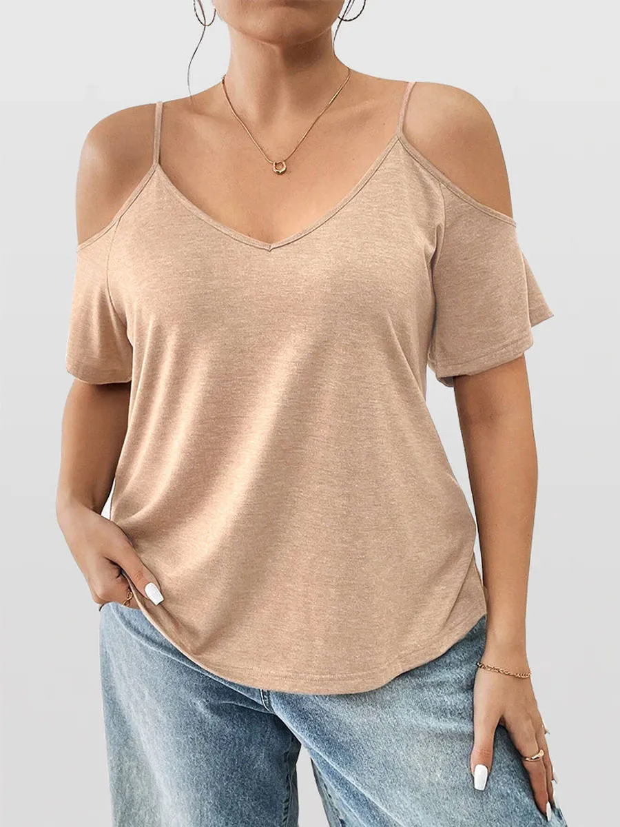 Solid Cold Shoulder V Neck Tee