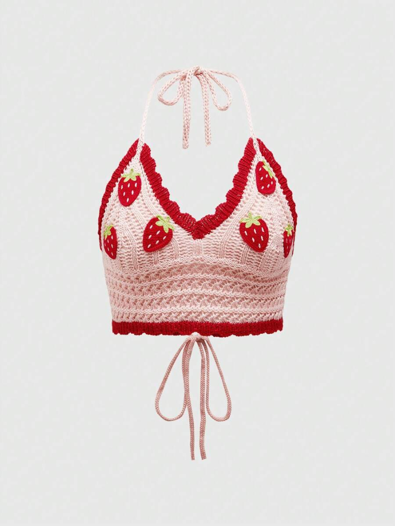 Sweetness Crocheted Cute Strawberry Neck-Hanging Woolen Sweater