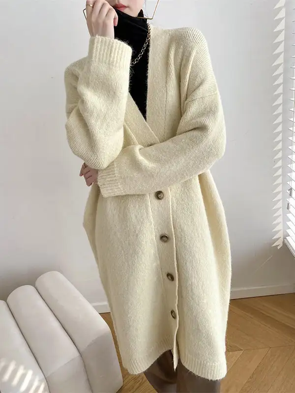 Urban Loose Solid Color Thick Thread Knitting Cardigan Coats