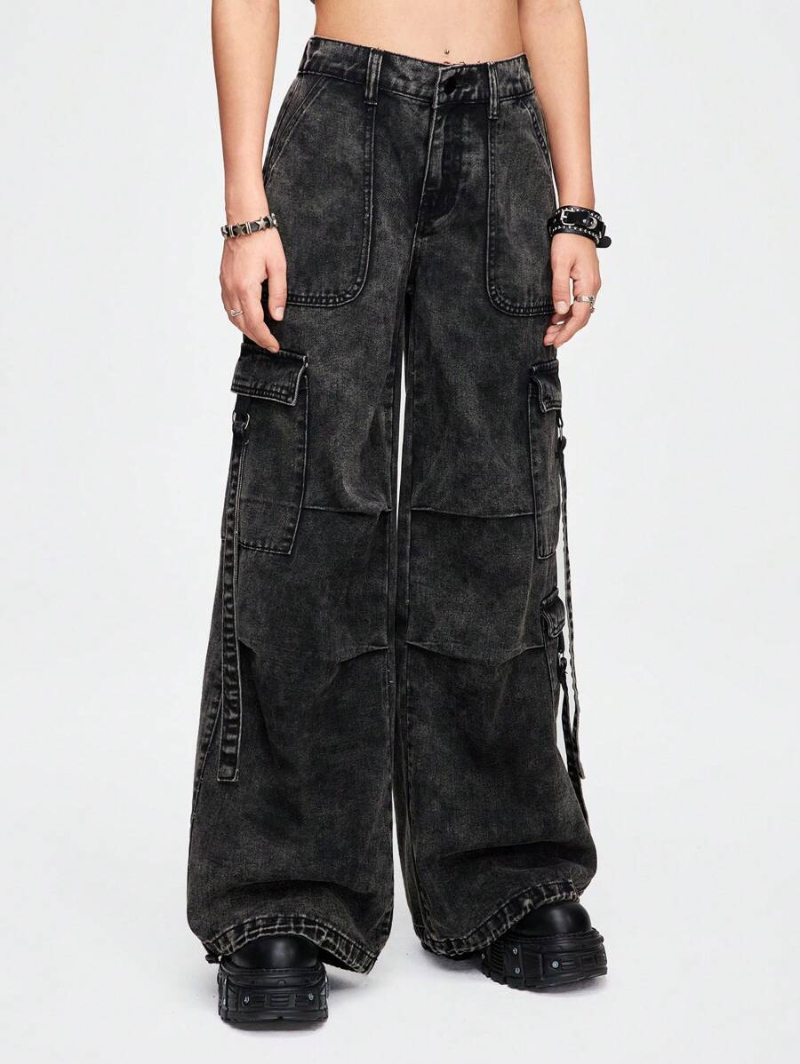 Grunge Punk Grunge Street Fashion Retro Hip-Hop Heavy Industry Distressing Snowflakes Washed Ultra-Low Waist Loose Wide-Leg Jeans With Adjustable Cuffs