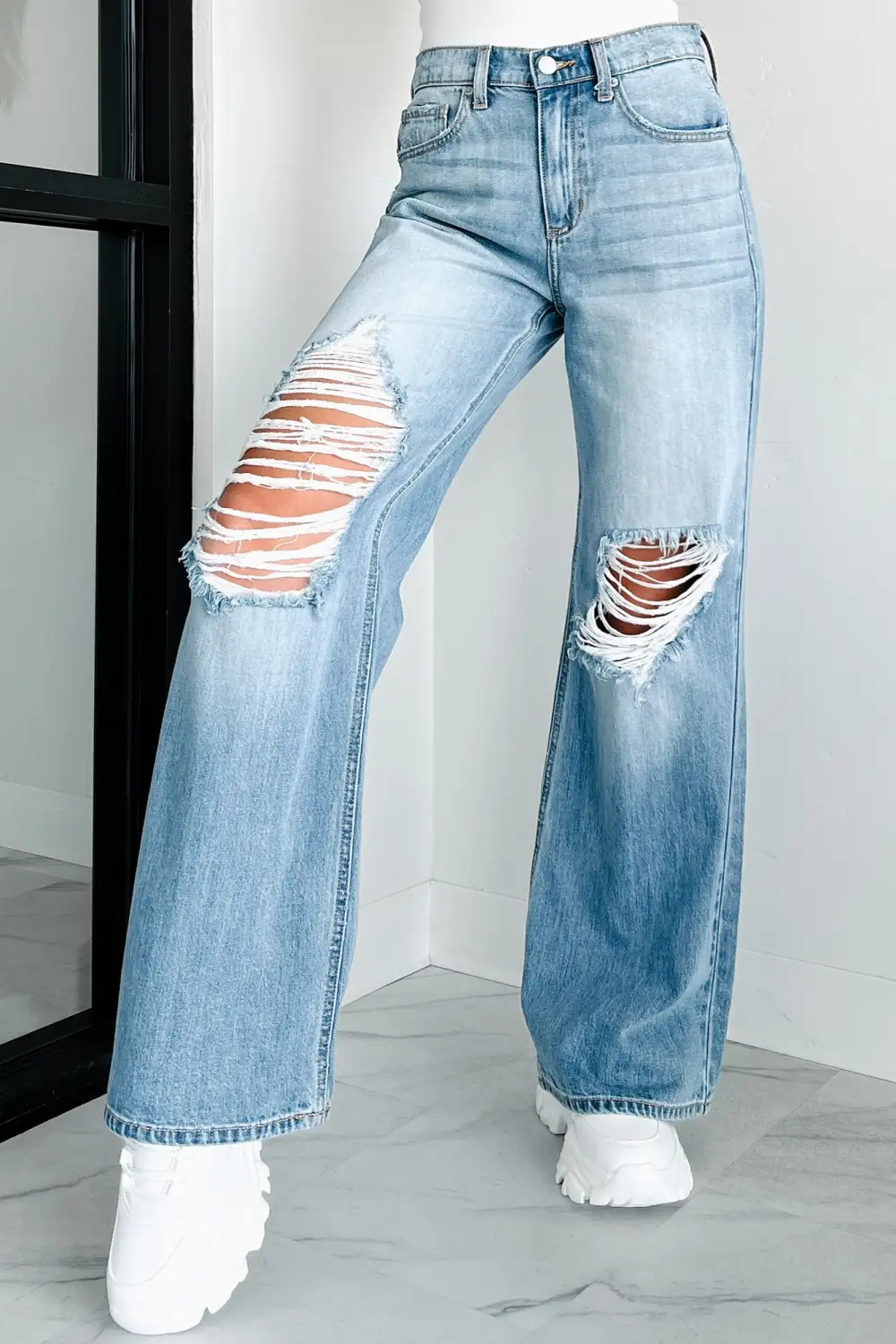 Kyra High Rise Distressed Wide Leg Sneak Peek Jeans