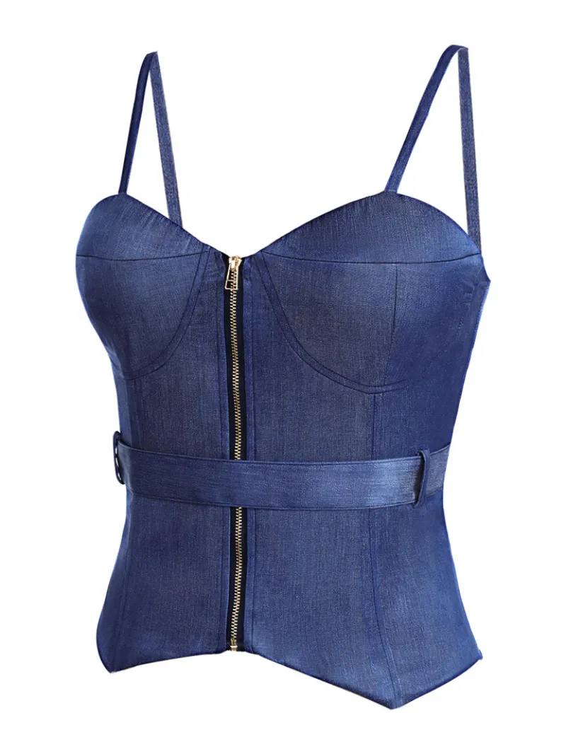 BLUE 1940S SPAGHETTI STRAP ZIPPER TOP WITH BELT