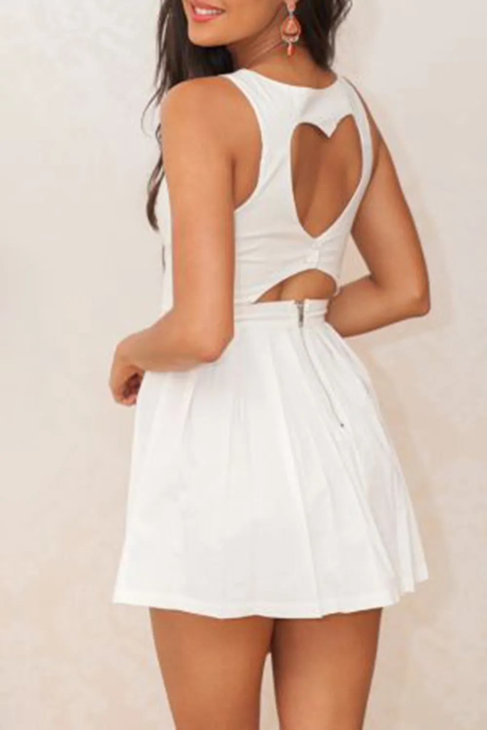 White Heart Cutout Dress with Fitted Bodice & Pleated Skirt